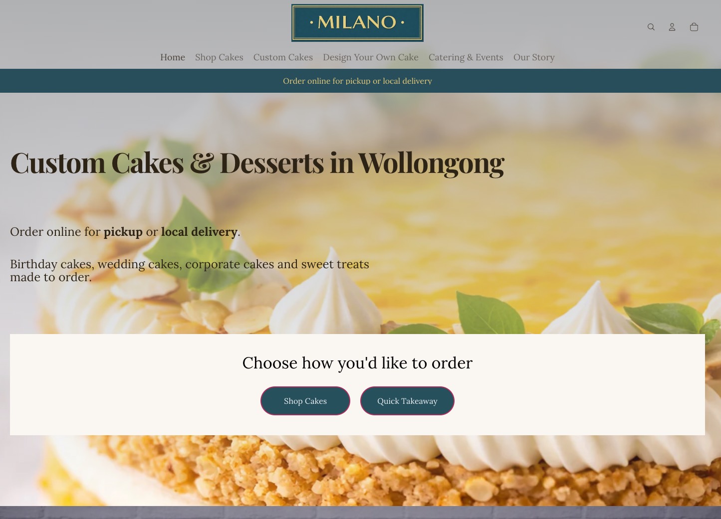 Milano Cakes Shopify website